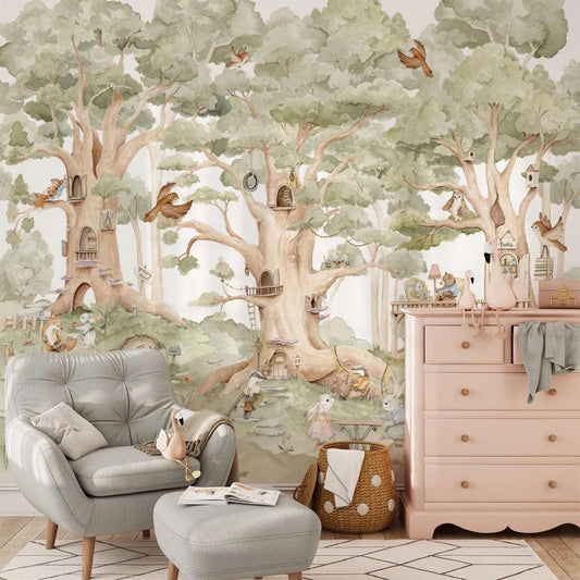 Fairytale Forest Village Kids Wallpaper, Kidsroom Art Wallpaper, Watercolor Animals Wallpaper Nursery, Nature Kids Wallpaper, Baby Wallpaper