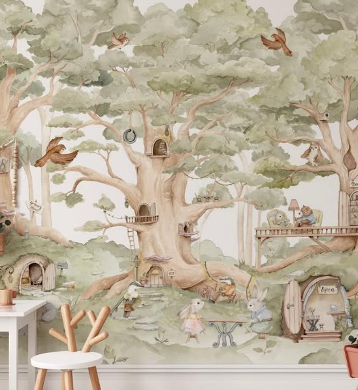 Fairytale Forest Village Kids Wallpaper, Kidsroom Art Wallpaper, Watercolor Animals Wallpaper Nursery, Nature Kids Wallpaper, Baby Wallpaper