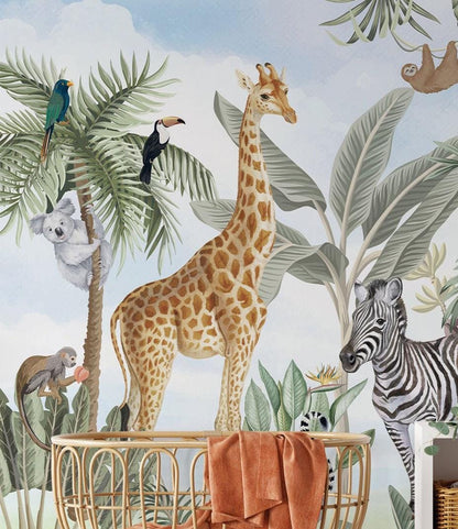 Watercolor Jungle Animals Wallpaper Nursery with Blue Sky, Nature Kids Wallpaper, Forest Child Wallpaper, Drawwing Jungle Baby Wallpaper