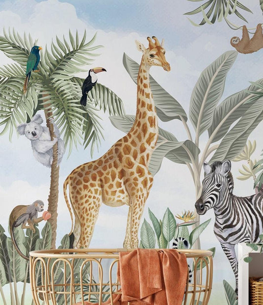 Watercolor Jungle Animals Wallpaper Nursery with Blue Sky, Nature Kids Wallpaper, Forest Child Wallpaper, Drawwing Jungle Baby Wallpaper