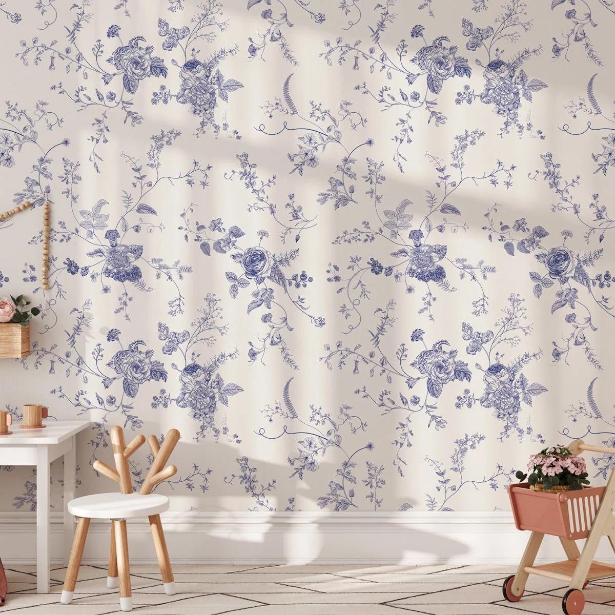 Blue Vintage Flower Wallpaper, Chinese Style Floral Pattern Wall Mural, Romantic Drawing Wall Poster, Bleu Blanc Wallpaper