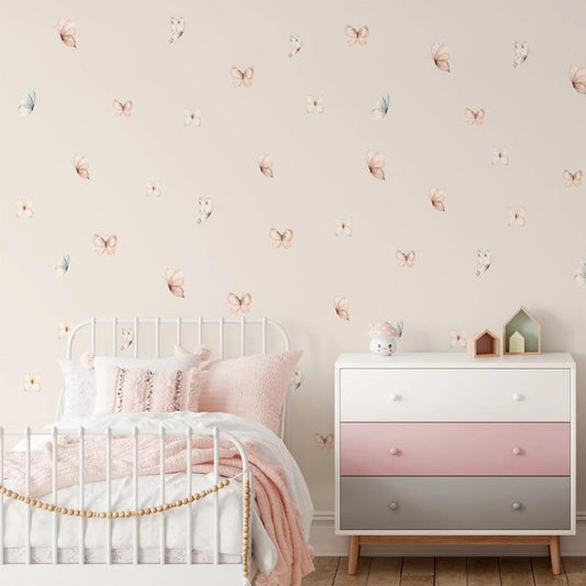 Pink Baby Girl Wallpaper with Butterflies, Watercolor Baby Wallpaper, Sky Wall Poster, Pink Background Babyroom Wallpaper, Wallpaper Nursery