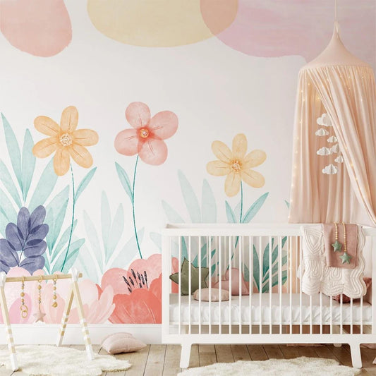Colourful Summer Flowers Wallpaper, Flowers Garden Baby Girl Wallpaper, Wallpaper Nursery, Watercolor Floral Mural, Floral Baby Wall Poster