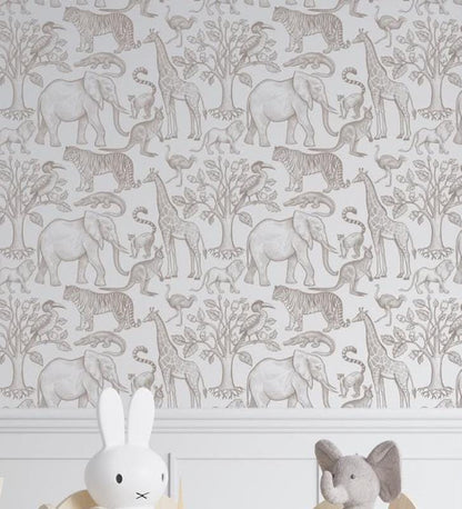 Beige Monochrome Animals Child Wallpaper, Line Art Forest Baby Wallpaper, Cute Animals Wallpaper Nursery, Drawwing Wallpaper for Kidsroom