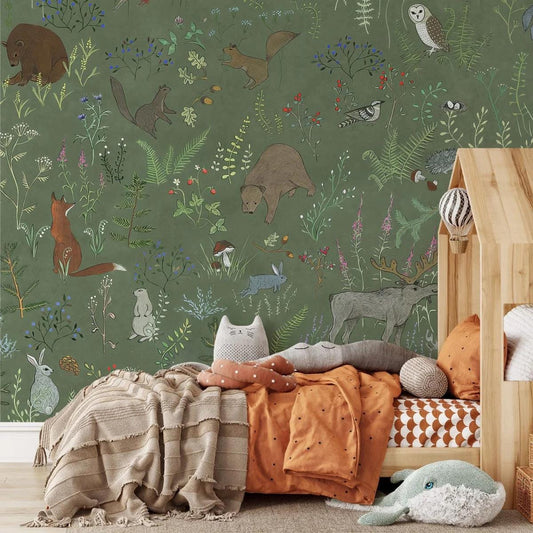 Green Forest Animals Kids Wallpaper, Animals Wallpaper for Childroom, Wallpaper Nursery, Watercolor Baby Wallpaper, Funny Illustration Mural