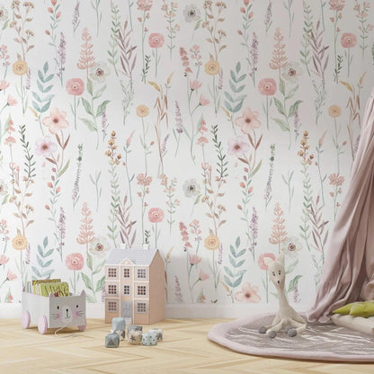 Summer Flowers Garden Wallpaper, Mini Flowers Baby Girl Wallpaper, Flower Garden Wallpaper, Wallpaper Nursery, Watercolor Floral Mural