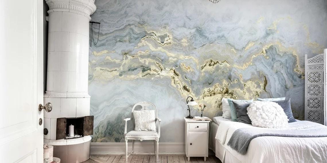 Light Beam Marble Wallpaper with Blue Gray and Gold Color Effect Wallpaper, Abstract Marble Texture Stylish Modern Wallpaper