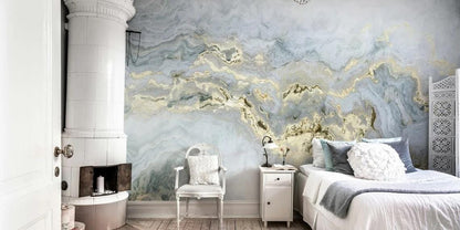 Light Beam Marble Wallpaper with Blue Gray and Gold Color Effect Wallpaper, Abstract Marble Texture Stylish Modern Wallpaper