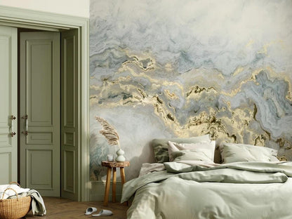 Light Beam Marble Wallpaper with Blue Gray and Gold Color Effect Wallpaper, Abstract Marble Texture Stylish Modern Wallpaper