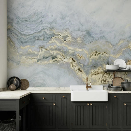 Light Beam Marble Wallpaper with Blue Gray and Gold Color Effect Wallpaper, Abstract Marble Texture Stylish Modern Wallpaper