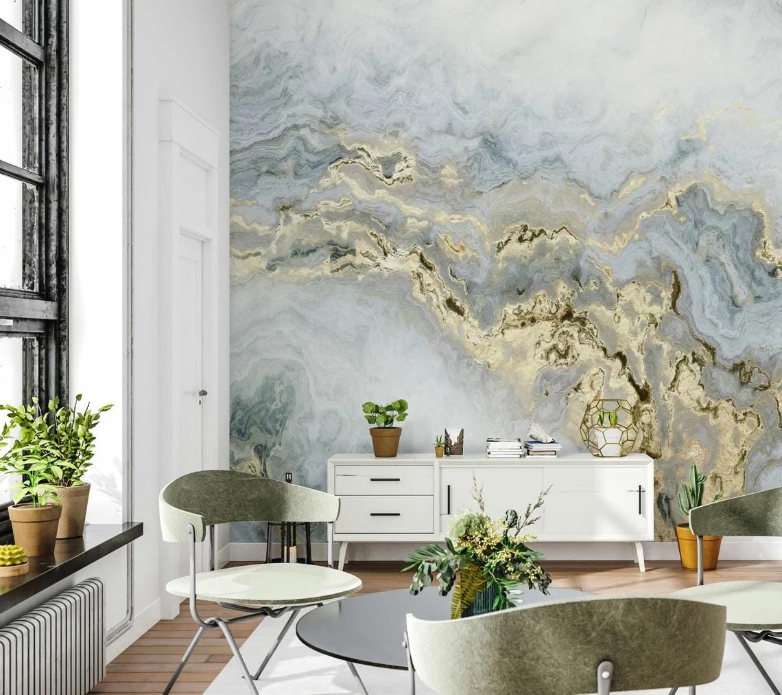Light Beam Marble Wallpaper with Blue Gray and Gold Color Effect Wallpaper, Abstract Marble Texture Stylish Modern Wallpaper