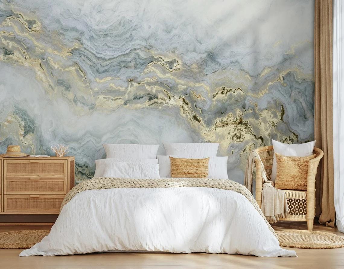 Light Beam Marble Wallpaper with Blue Gray and Gold Color Effect Wallpaper, Abstract Marble Texture Stylish Modern Wallpaper