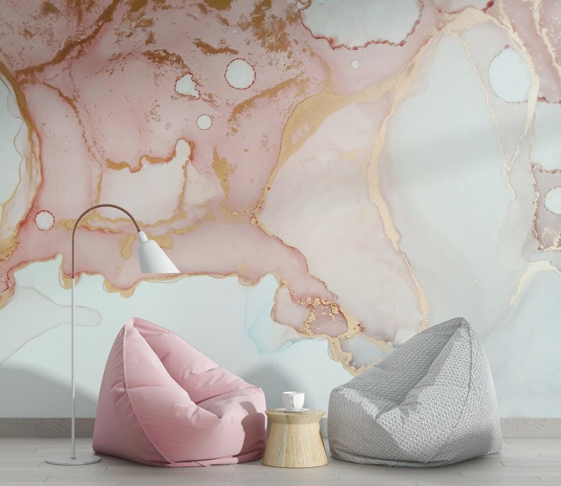Pink and Gold Look Modern Wallpaper, Abstract Peel & Stick Wallpaper, Stylish Room Design, Modern Marble Wallpaper, Luxury Pink Wallpaper