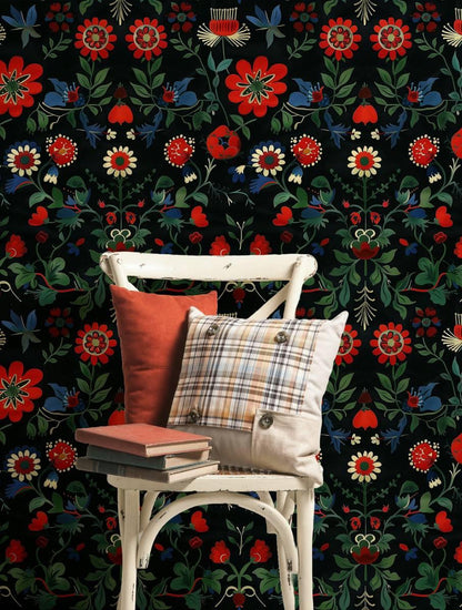 Traditional Turkish Pattern Floral Wallpaper, Dark Background, Black Wallpaper with Red Flowers, Hand Painted Darkness Floral Wallpaper
