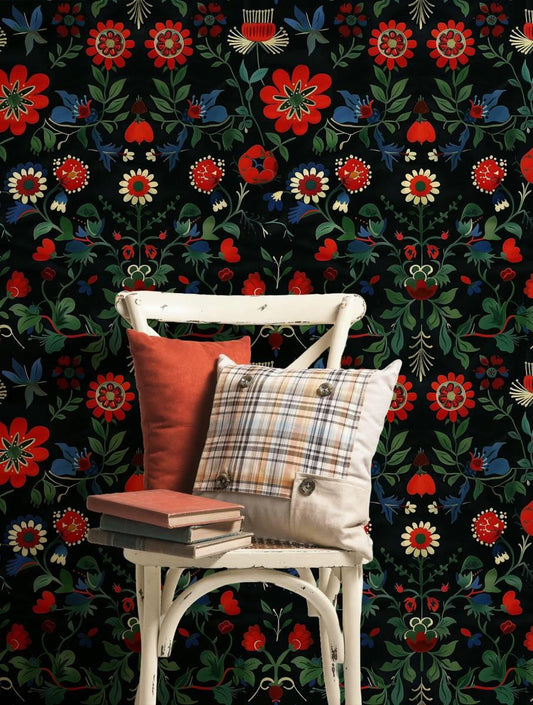 Traditional Turkish Pattern Floral Wallpaper, Dark Background, Black Wallpaper with Red Flowers, Hand Painted Darkness Floral Wallpaper
