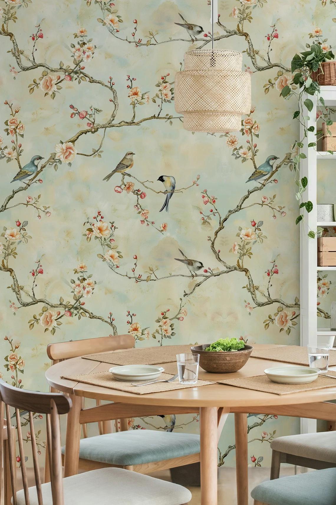 Romantic Birds Heaven on Spring Branch, Vintage Floral Pattern Wallpaper, Drawing Flowers Mural, Elegant Chinoiserie Wallpaper