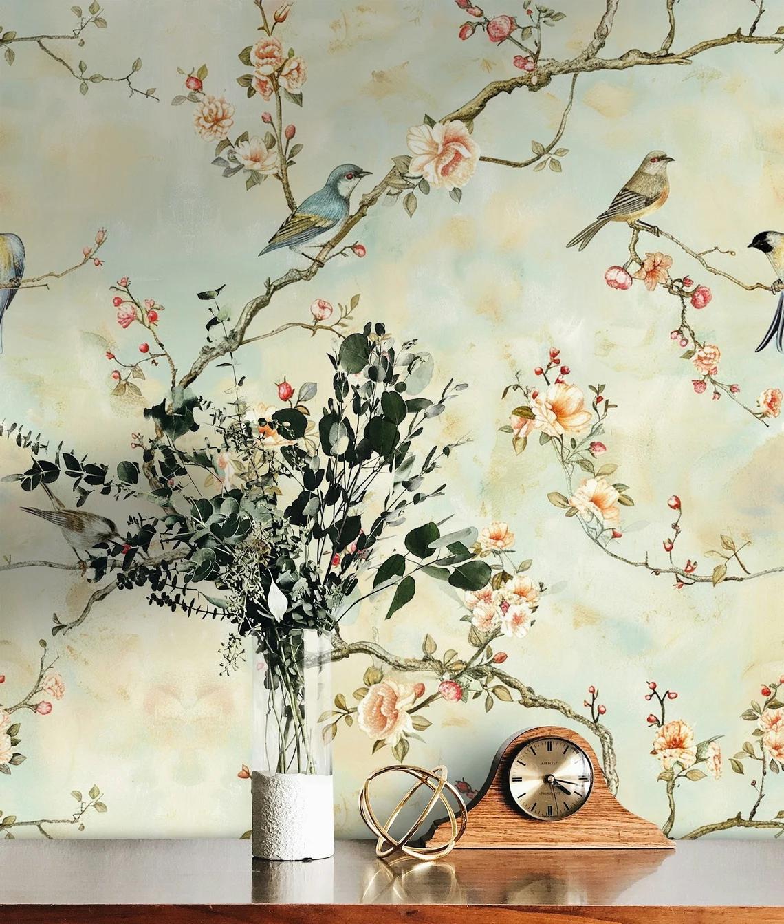 Romantic Birds Heaven on Spring Branch, Vintage Floral Pattern Wallpaper, Drawing Flowers Mural, Elegant Chinoiserie Wallpaper