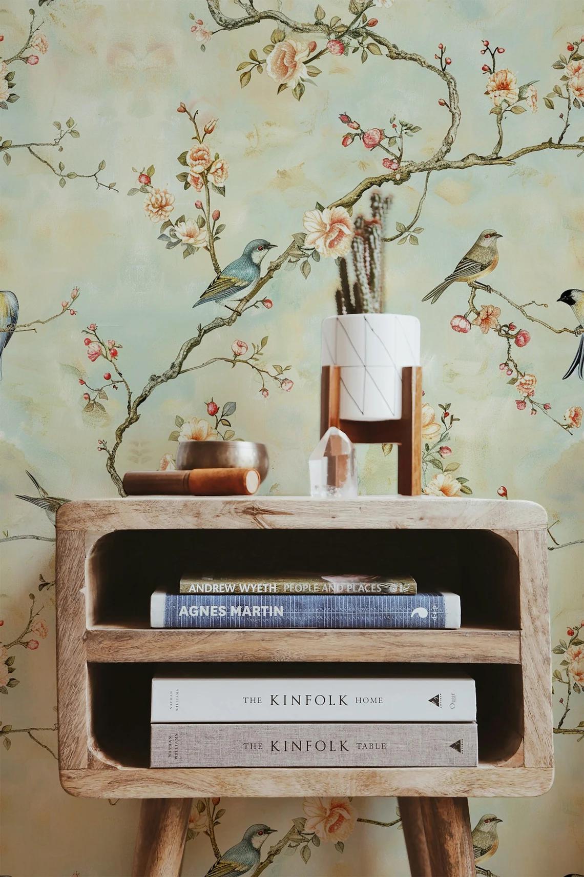 Romantic Birds Heaven on Spring Branch, Vintage Floral Pattern Wallpaper, Drawing Flowers Mural, Elegant Chinoiserie Wallpaper