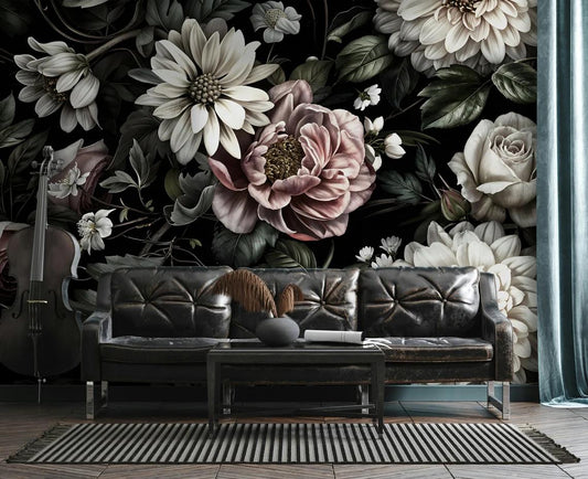 Night Garden Big Flowers Wallpaper, Elegant Flowers Wallpaper, Darkness Floral Painting Wallpaper, Romantic Mural, Bloom Wallpaper