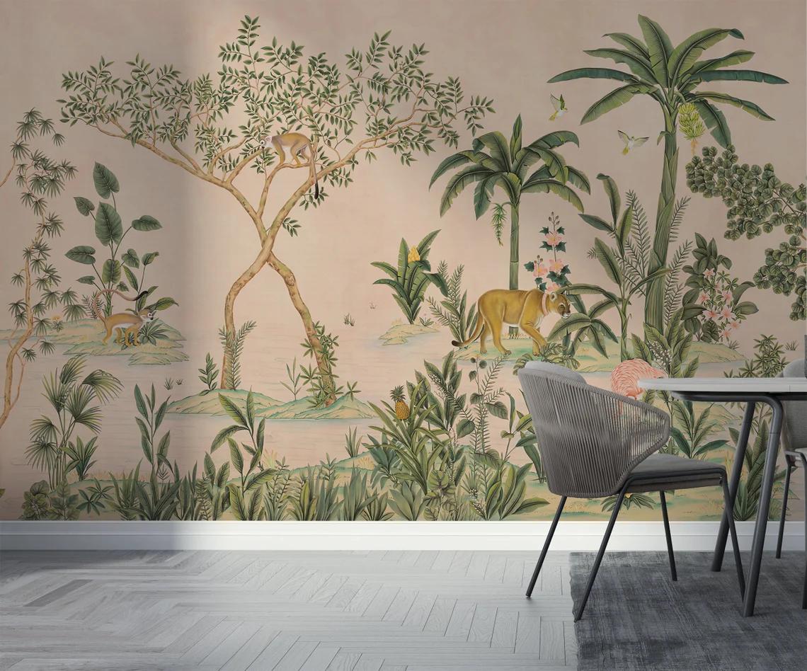 Tropical Forest With Animals Wallpaper, Tropical Plants Wallpaper, Rainforests Themed Nature Wallpaper, Exotic Plant Floral Wallpaper