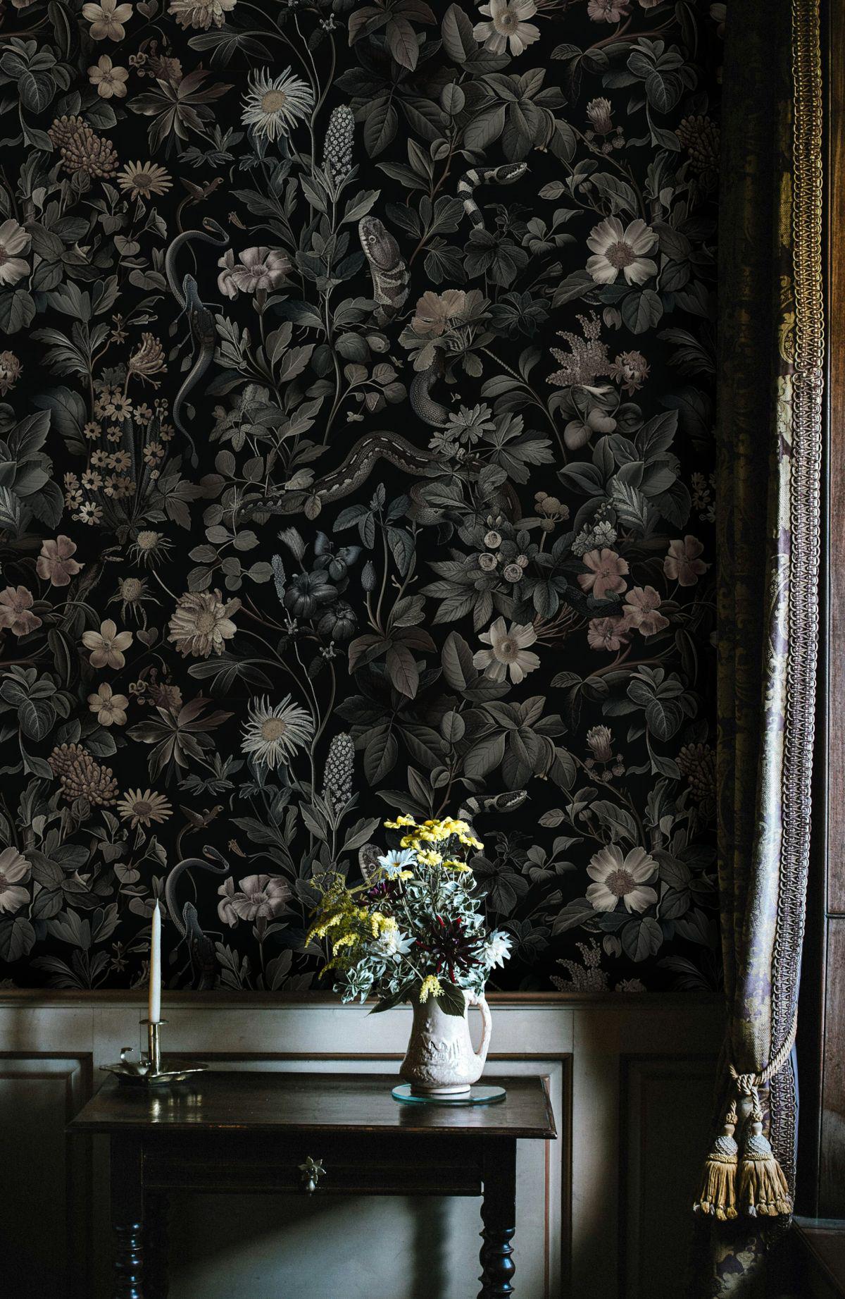 Mixed Dangerous Dark Botanicals Wallpaper, Snakes and Flowers, Exotic Night Plants, Black background Wallpaper, Dark Fantastic Mural