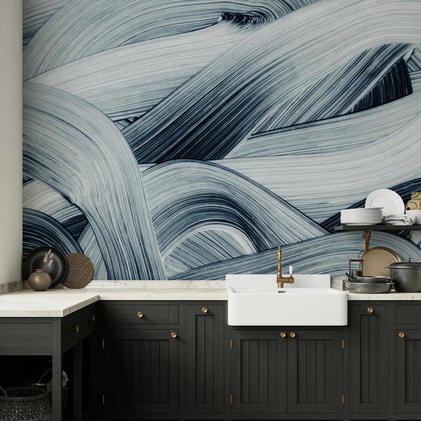 Abstract Blue Brush Marks Wallpaper, Blue Waves 3D Bathroom Wallpaper, Stylish Modern Artistic Poster, Boho Wallpaper