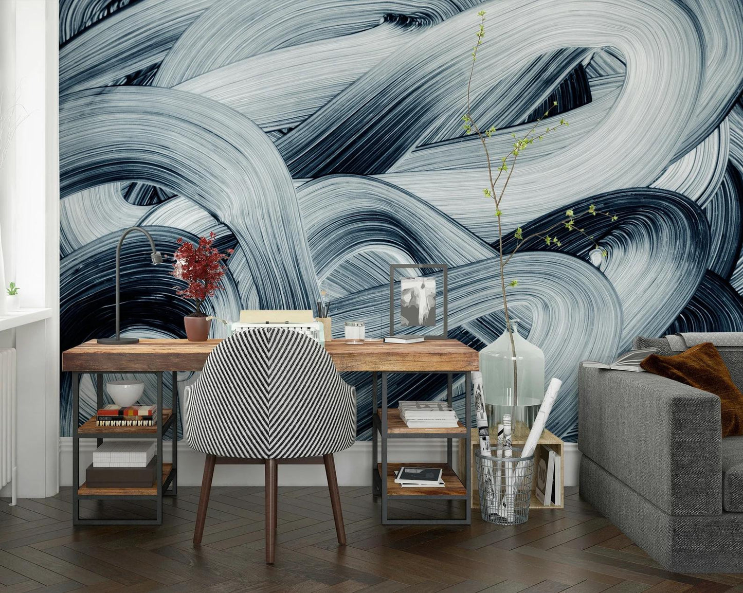 Abstract Blue Brush Marks Wallpaper, Blue Waves 3D Bathroom Wallpaper, Stylish Modern Artistic Poster, Boho Wallpaper