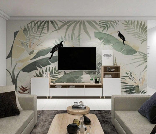 Illustration Tropical Plant and Parrot Wallpaper, Tropical Forest Wallpaper, Bird Sanctuary Wallpaper, Exotic Plant Floral Wallpaper
