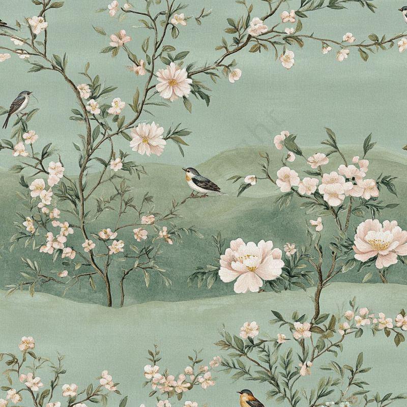 Green Vintage Wallpaper with Birds and Flowers, Vintage Floral Pattern Wallpaper, Romantic Drawing Mural, Elegant Chinoiserie Wallpaper