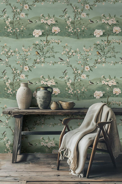 Green Vintage Chinoiserie Wallpaper – Birds & Floral Mural