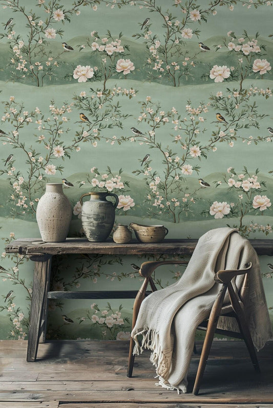 Green Vintage Wallpaper with Birds and Flowers, Vintage Floral Pattern Wallpaper, Romantic Drawing Mural, Elegant Chinoiserie Wallpaper