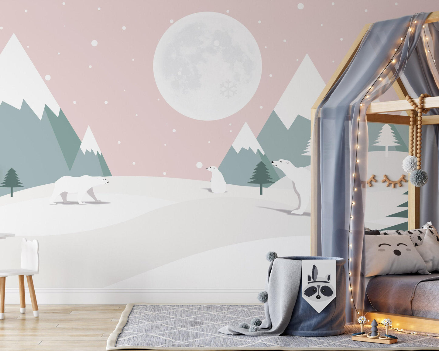 Winter's Tale Kidsroom Wall Poster, Illustration Snowy Mountains Child  Wallpaper, Funny Baby Wallpaper, Colourful Watercolor Nursery