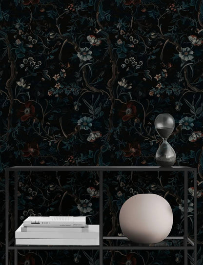 Dark Bohemian Botanical Garden Wallpaper, Exotic Flowers on black Background, Mystic Wallpaper, Floral Wallpaper, Dark Flowers Wallpaper
