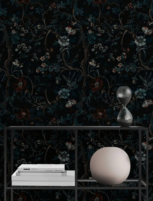 Dark Bohemian Botanical Garden Wallpaper, Exotic Flowers on black Background, Mystic Wallpaper, Floral Wallpaper, Dark Flowers Wallpaper