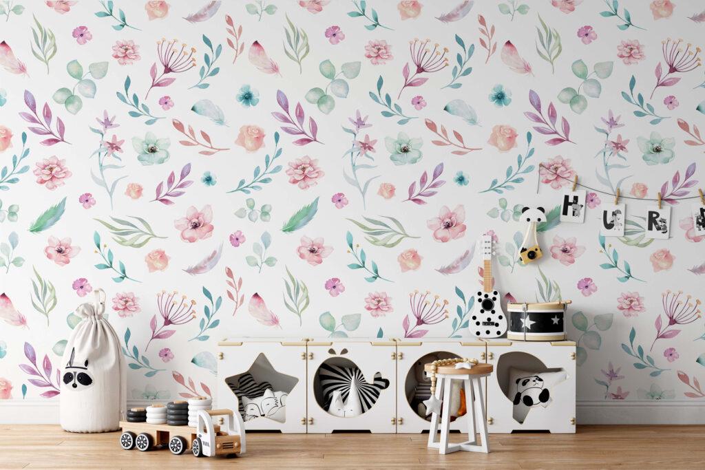 Pink Mini Flowers Garden Wallpaper, Watercolor Flowers Baby Girl Wallpaper, Flowers Garden Wallpaper, Watercolor Floral Wallpaper Nursery