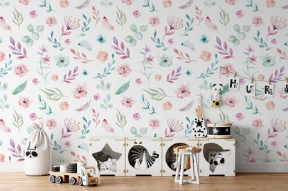 Pink Mini Flowers Garden Wallpaper, Watercolor Flowers Baby Girl Wallpaper, Flowers Garden Wallpaper, Watercolor Floral Wallpaper Nursery