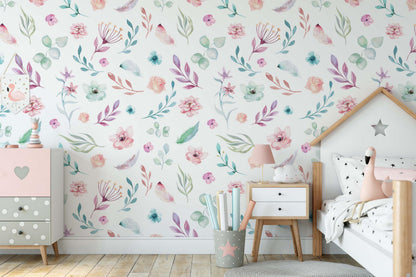 Pink Mini Flowers Garden Wallpaper, Watercolor Flowers Baby Girl Wallpaper, Flowers Garden Wallpaper, Watercolor Floral Wallpaper Nursery