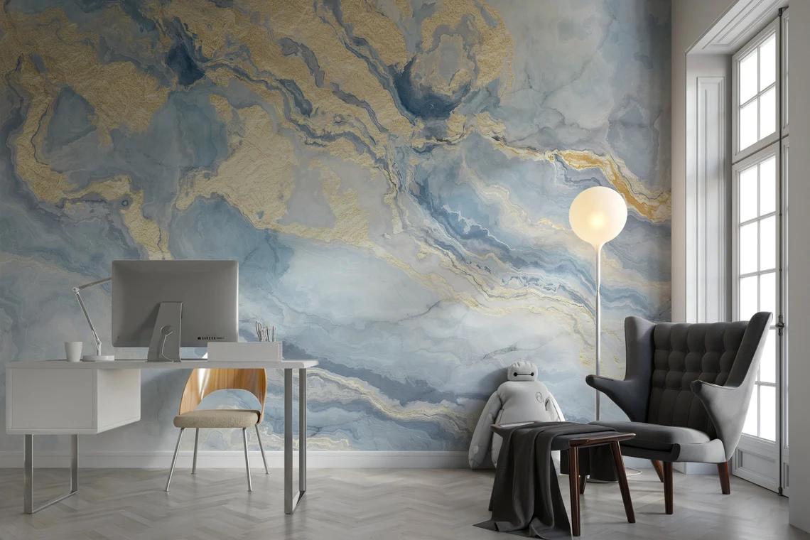 Blue and Gold Color Marble Effect Wallpaper   Abstract Marble Texture Stylish Modern Wallpaper
