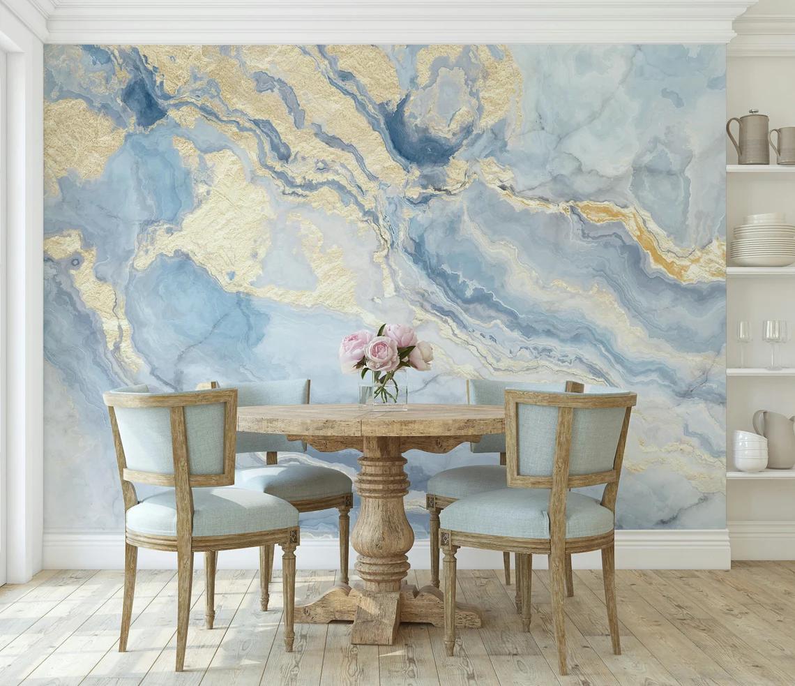 Blue and Gold Color Marble Effect Wallpaper   Abstract Marble Texture Stylish Modern Wallpaper
