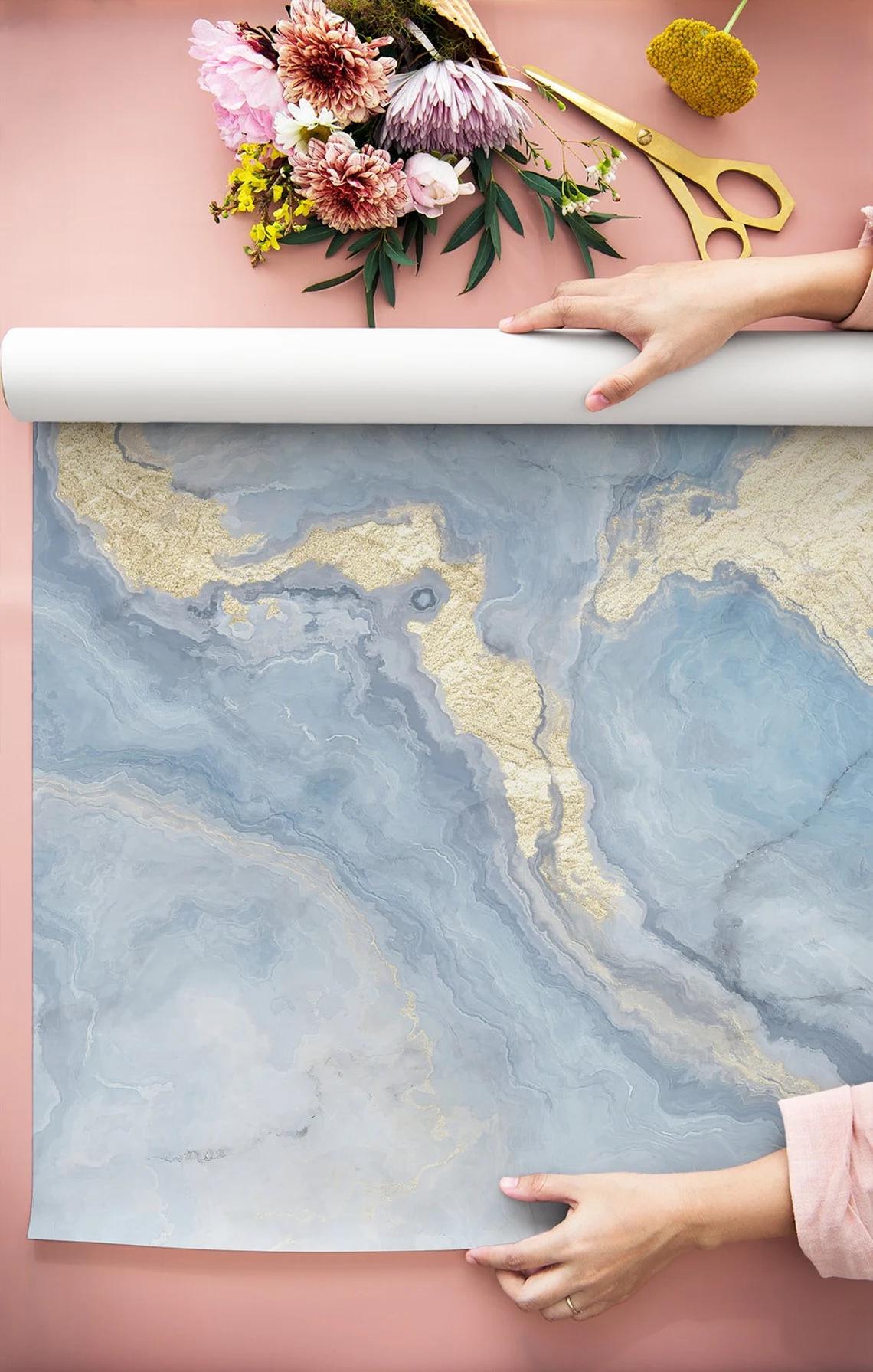Blue and Gold Color Marble Effect Wallpaper   Abstract Marble Texture Stylish Modern Wallpaper