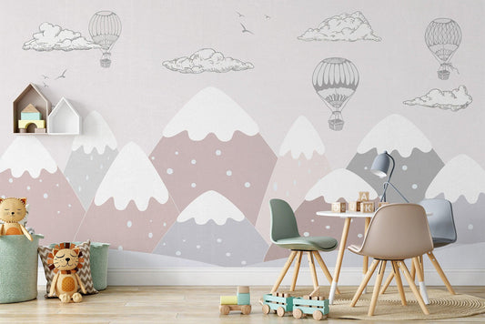 Pink Snowy Mountains Kids Wallpaper, Illustration Winter Child Wallpaper, Funny Baby Wallpaper Nursery, Baloons and Clouds Baby Wallpaper