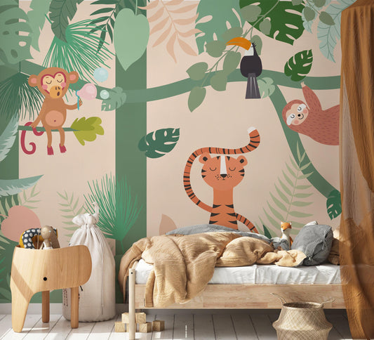 Tropical Jungle Animals Wallpaper Nursery, Illustration Trees and Plants Kids Wallpaper, Forest Child Wallpaper, Funny Jungle Baby Wallpaper