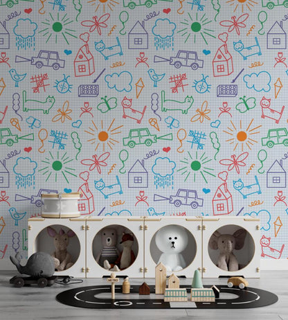 Fun Kids Drawings Wallpaper, Colourful Child Art Wall Poster, Pictorial Baby Wallpaper, Cute Wallpaper Nursery, Drawwing School Wallpaper