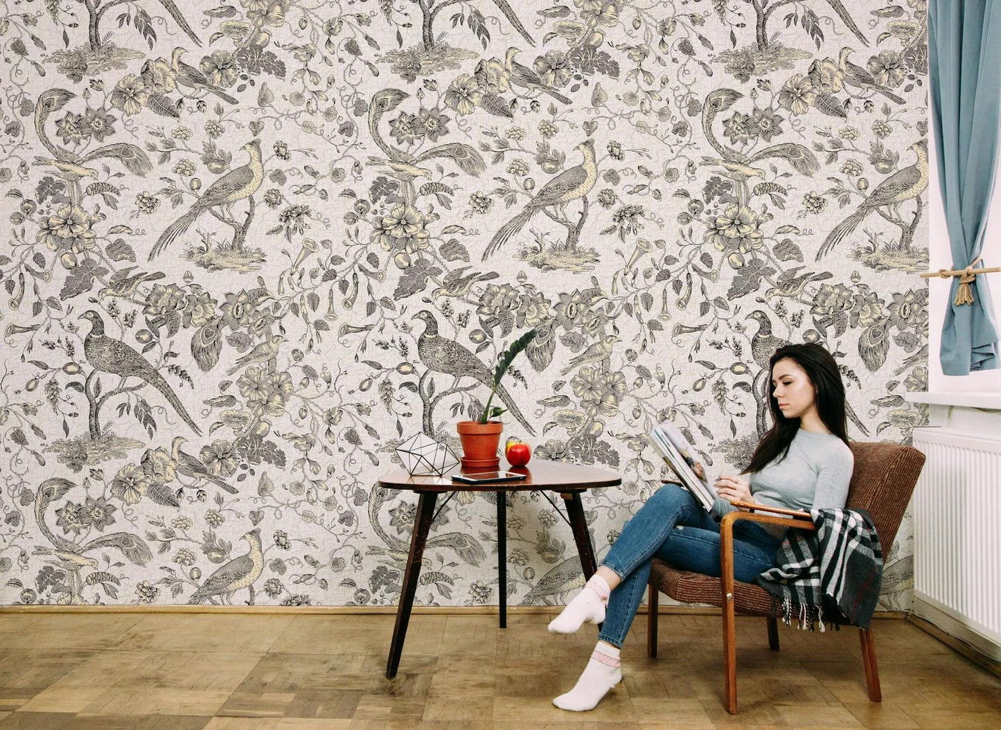 Bird Among The Eaten Trees Wallpaper, Bohemian Wallpaper, American Style Nature Mural, Peel and Stick Wallpaper, Tropical Wallpaper