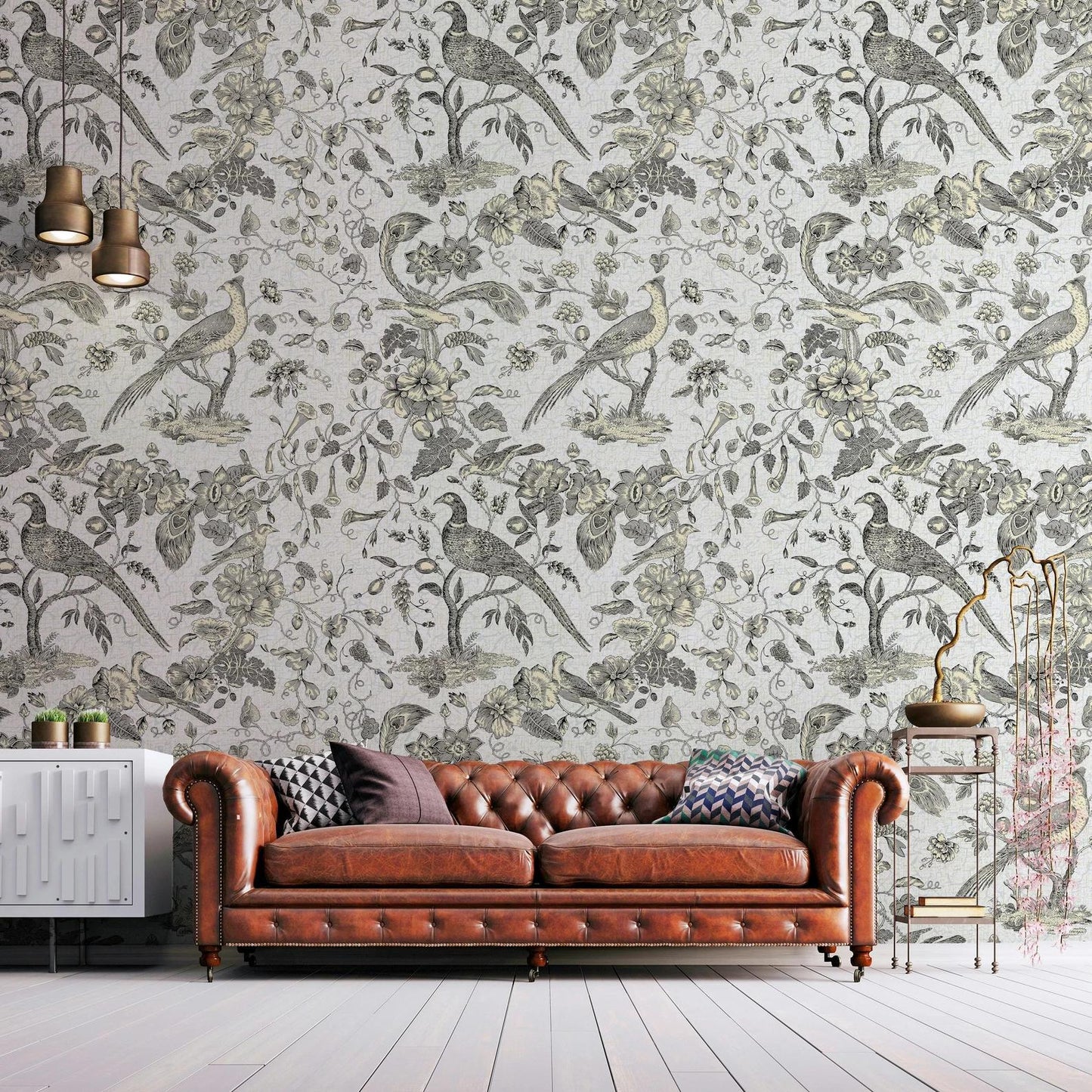 Bird Among The Eaten Trees Wallpaper, Bohemian Wallpaper, American Style Nature Mural, Peel and Stick Wallpaper, Tropical Wallpaper