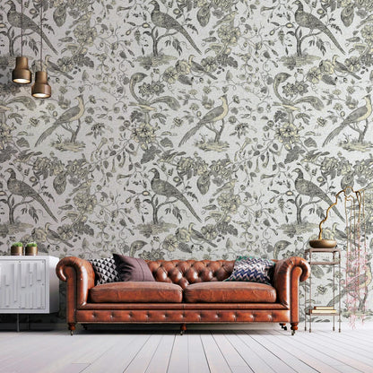 Bird Among The Eaten Trees Wallpaper, Bohemian Wallpaper, American Style Nature Mural, Peel and Stick Wallpaper, Tropical Wallpaper