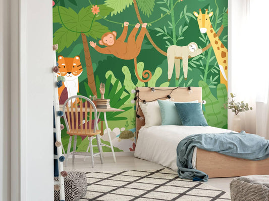 Illustration Forest Animals Wallpaper Nursery, Green Jungle Kids Wallpaper, Monkey Tiger Giraffe Elephant Funny Jungle Baby Wallpaper