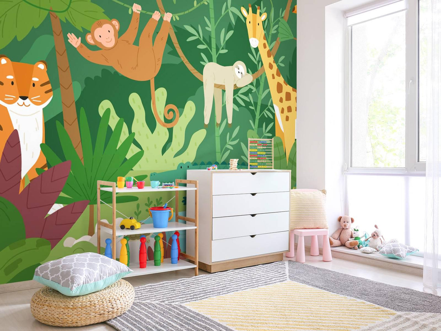 Illustration Forest Animals Wallpaper Nursery, Green Jungle Kids Wallpaper, Monkey Tiger Giraffe Elephant Funny Jungle Baby Wallpaper