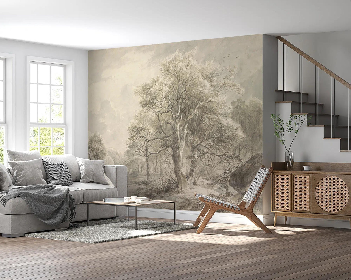 Soft Colored Village Forest Trees Wallpaper, Bohemian Trees Wall Mural, Peel and Stick Wallpaper, Mystic Room Design, Nature Wallpaper