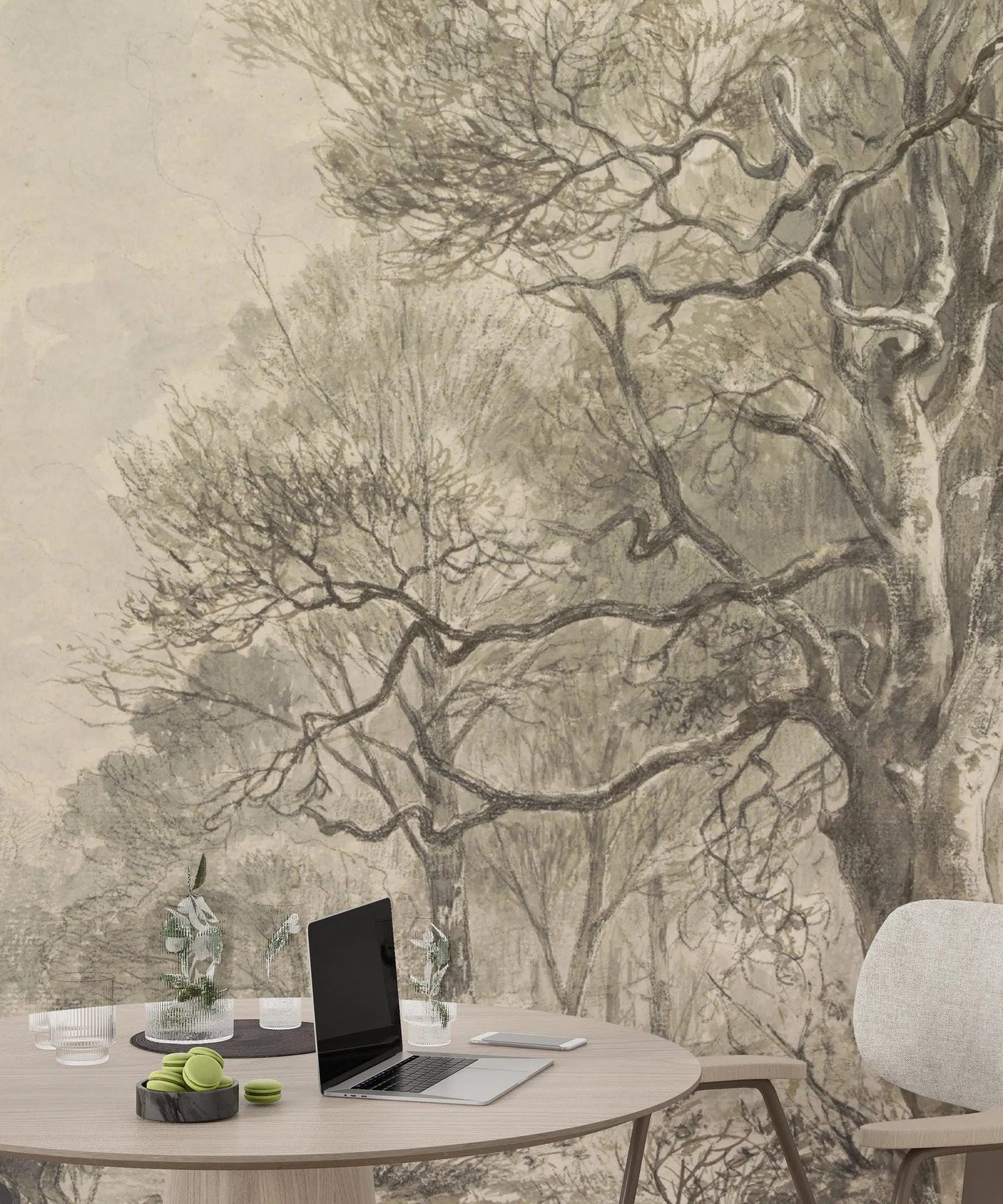 Soft Colored Village Forest Trees Wallpaper, Bohemian Trees Wall Mural, Peel and Stick Wallpaper, Mystic Room Design, Nature Wallpaper